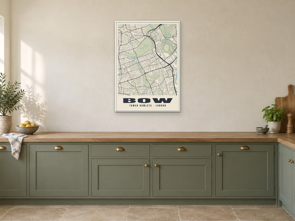 Bow Heritage Street Map Poster at A1, in a white frame, in a kitchen