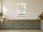 Bozeman Street Map Poster at A1, in a white frame, in a kitchen