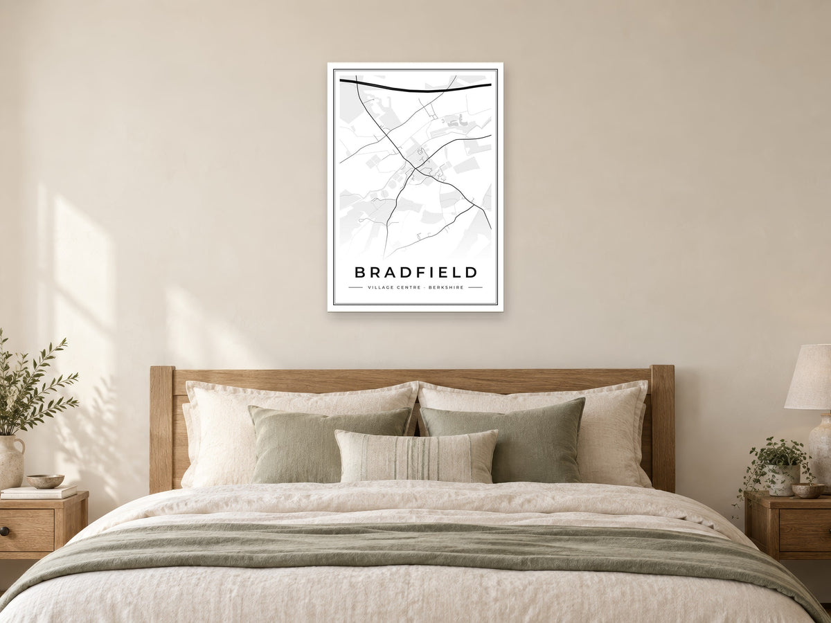 Bradfield Village Centre Street Map Poster at A1, as a poster, above a bed