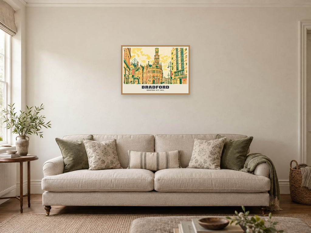 Bradford City Hall Riso-inspired Poster at A2, in a natural wood frame, in a sitting room