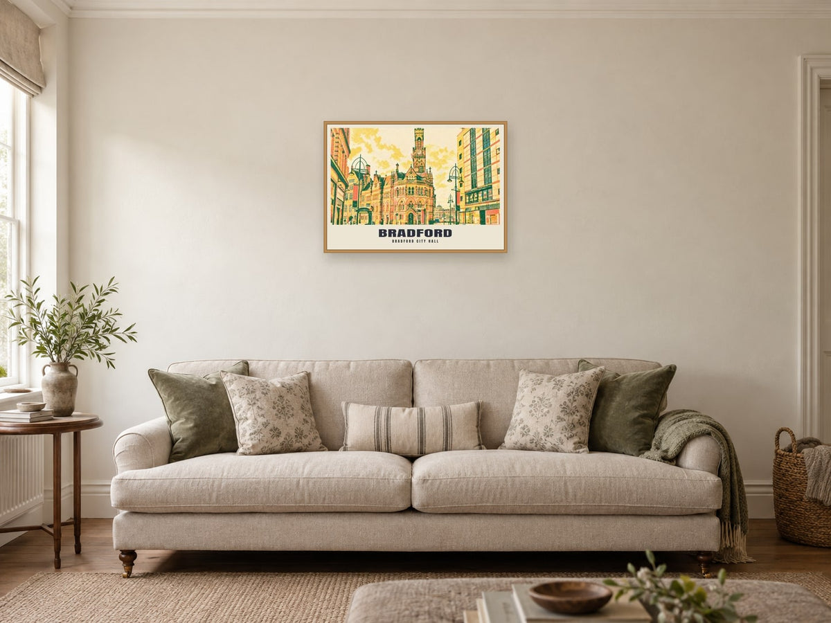 Bradford City Hall Riso-inspired Poster at A2, in a natural wood frame, in a sitting room