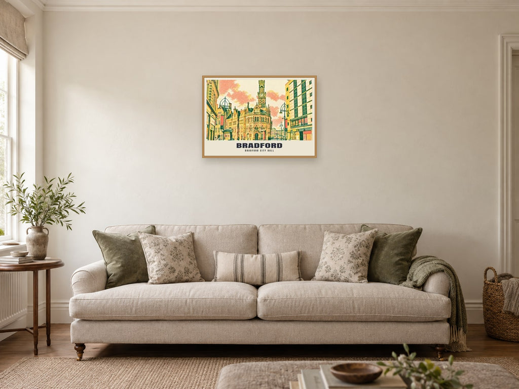 Bradford City Hall Riso-inspired Poster at A2, in a natural wood frame, in a sitting room