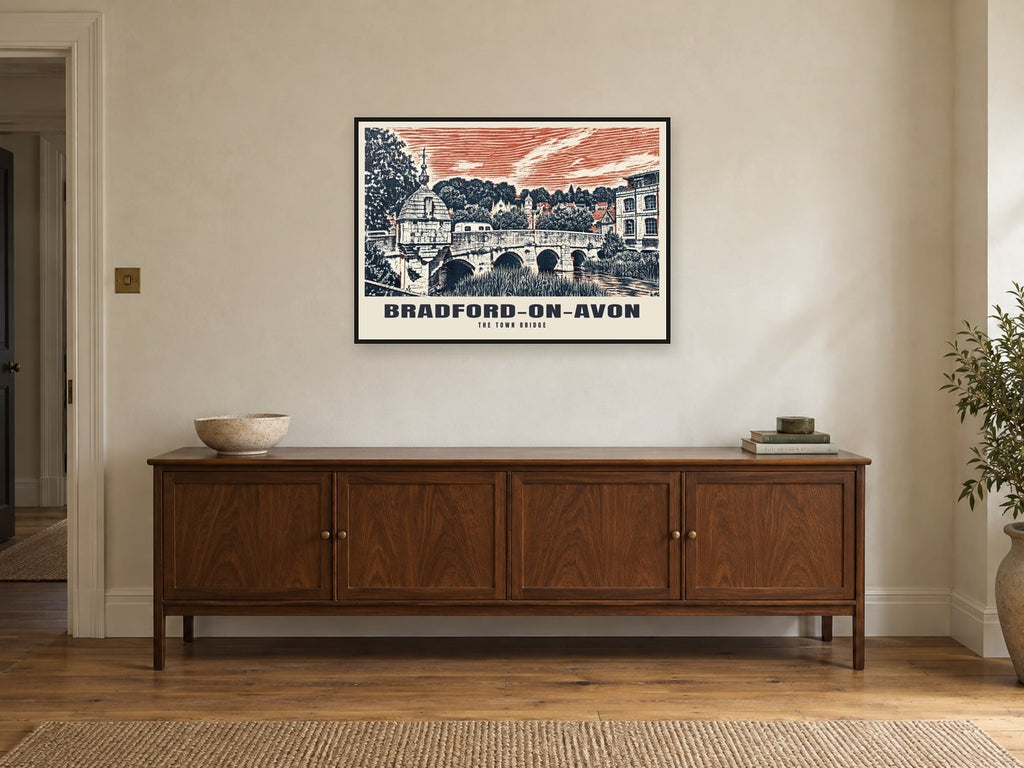 The Town Bridge, Bradford-on-Avon Poster at A1, in a black frame, above a sideboard