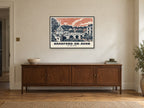 The Town Bridge, Bradford-on-Avon Poster at A1, in a black frame, above a sideboard