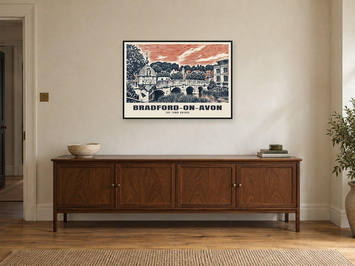The Town Bridge, Bradford-on-Avon Poster at A1, in a black frame, above a sideboard