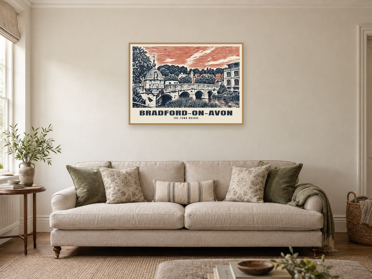 The Town Bridge, Bradford-on-Avon Poster at A1, in a natural wood frame, in a sitting room