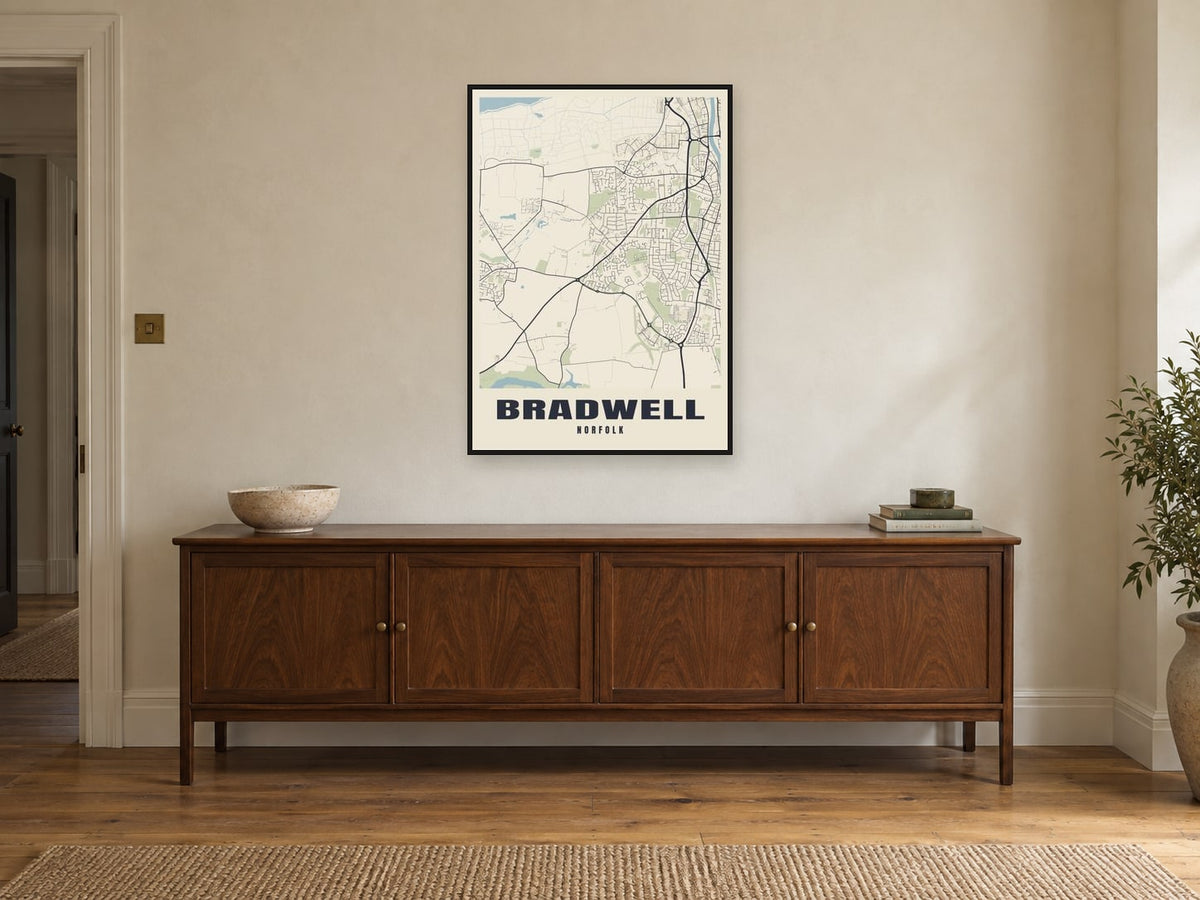 Bradwell Street Map Poster at A1, in a black frame, above a sideboard