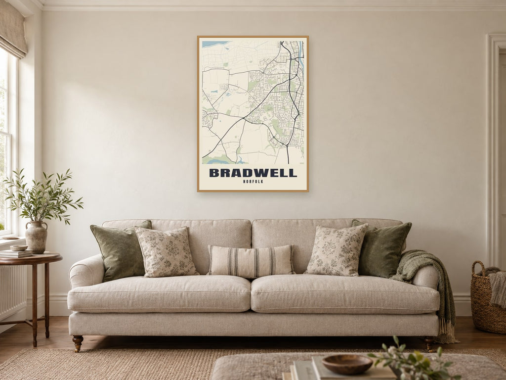 Bradwell Street Map Poster at A1, in a natural wood frame, in a sitting room