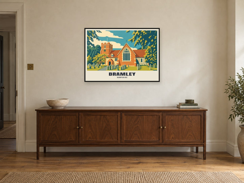 St James's Church, Bramley Poster at A1, in a black frame, above a sideboard