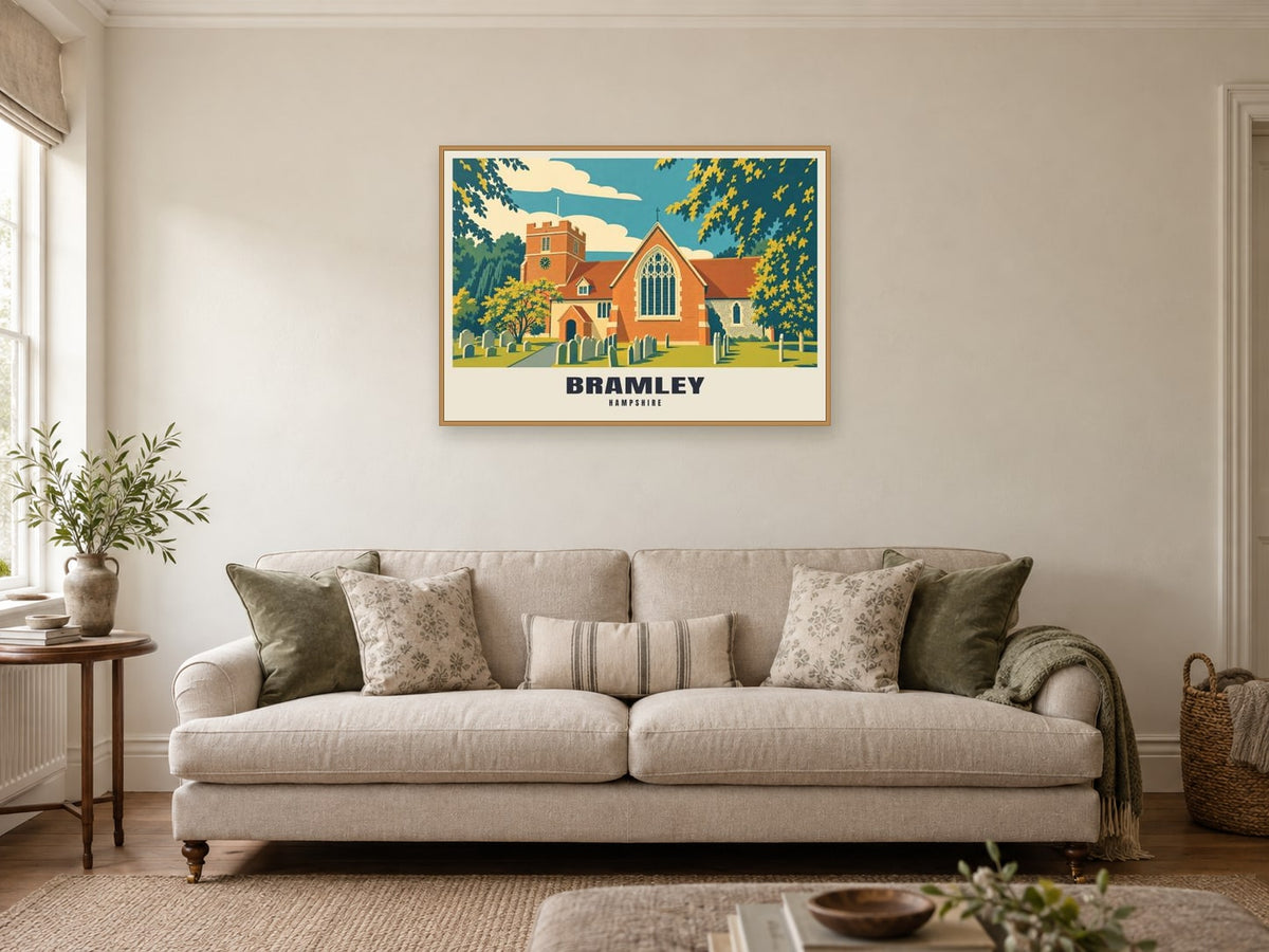 St James's Church, Bramley Poster at A1, in a natural wood frame, in a sitting room