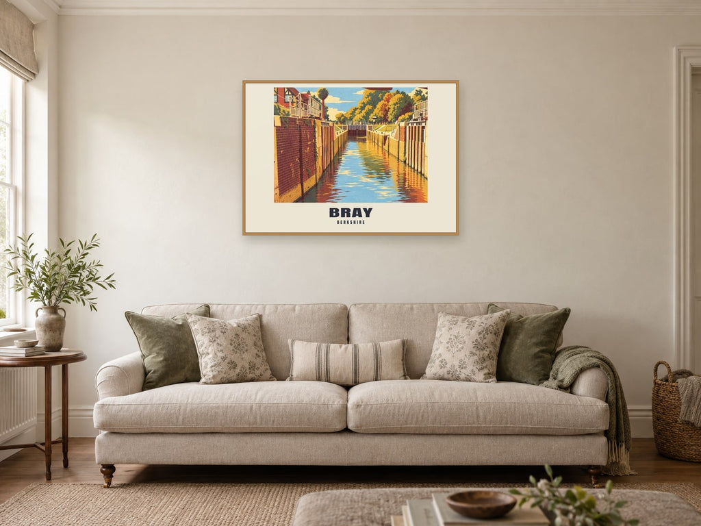 Bray Poster — Bray Lock at A1, in a natural wood frame, in a sitting room