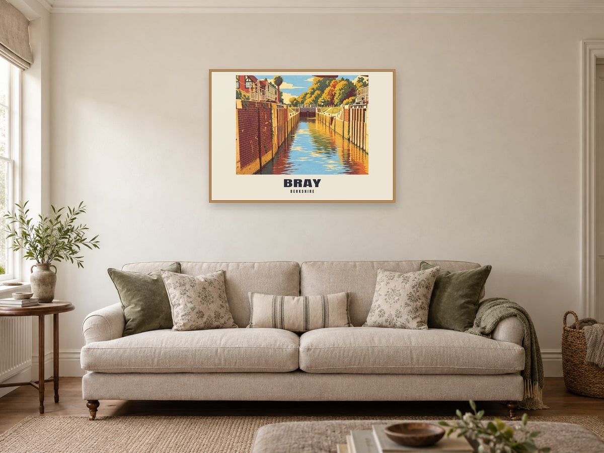 Bray Poster — Bray Lock at A1, in a natural wood frame, in a sitting room