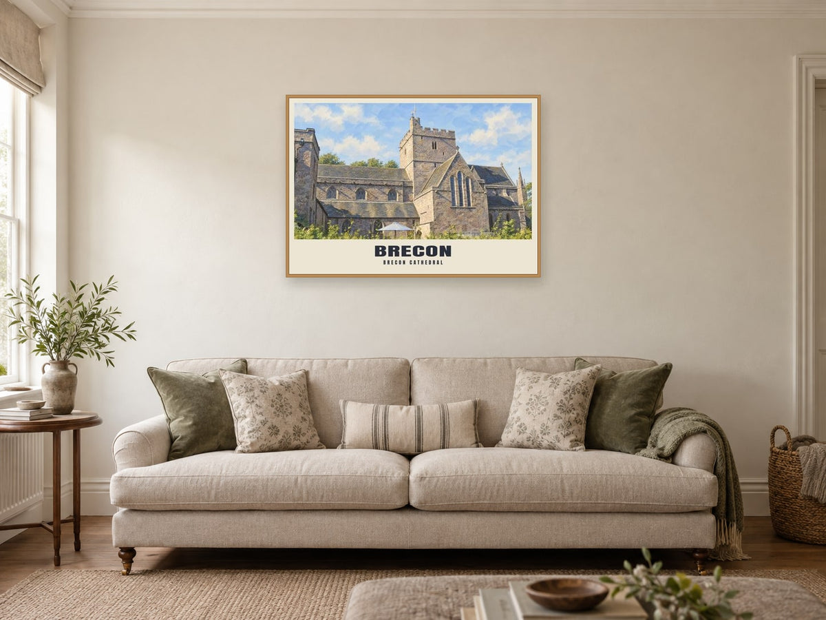 Brecon Cathedral Poster at A1, in a natural wood frame, in a sitting room