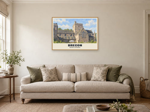 Brecon Cathedral Poster at A1, in a natural wood frame, in a sitting room