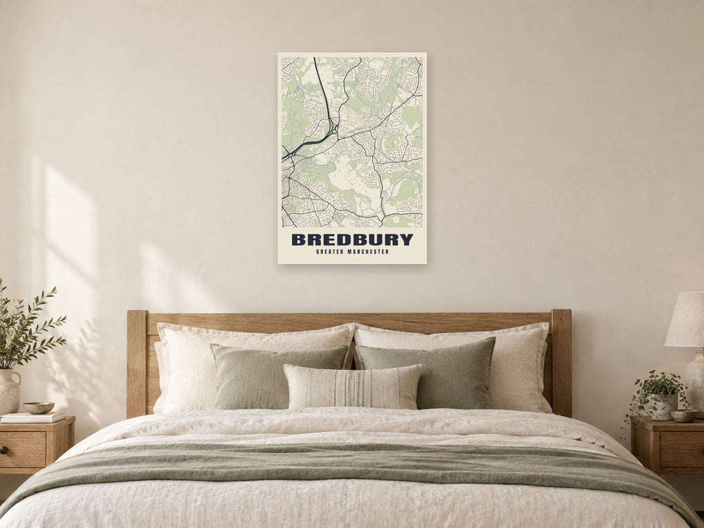 Bredbury Street Map Poster at A1, as a poster, above a bed