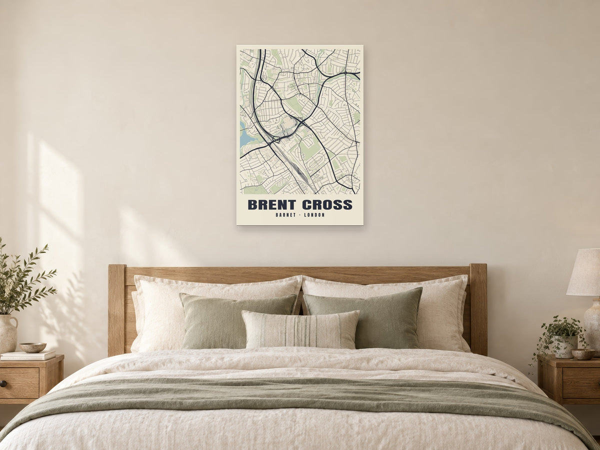 Brent Cross Heritage Street Map Poster at A1, as a poster, above a bed