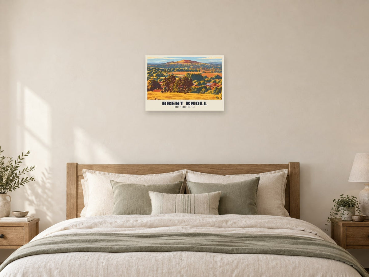 Brent Knoll (hill) Retro Railway Poster at A2, as a poster, above a bed
