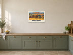 Brent Knoll (hill) Retro Railway Poster at A2, in a white frame, in a kitchen