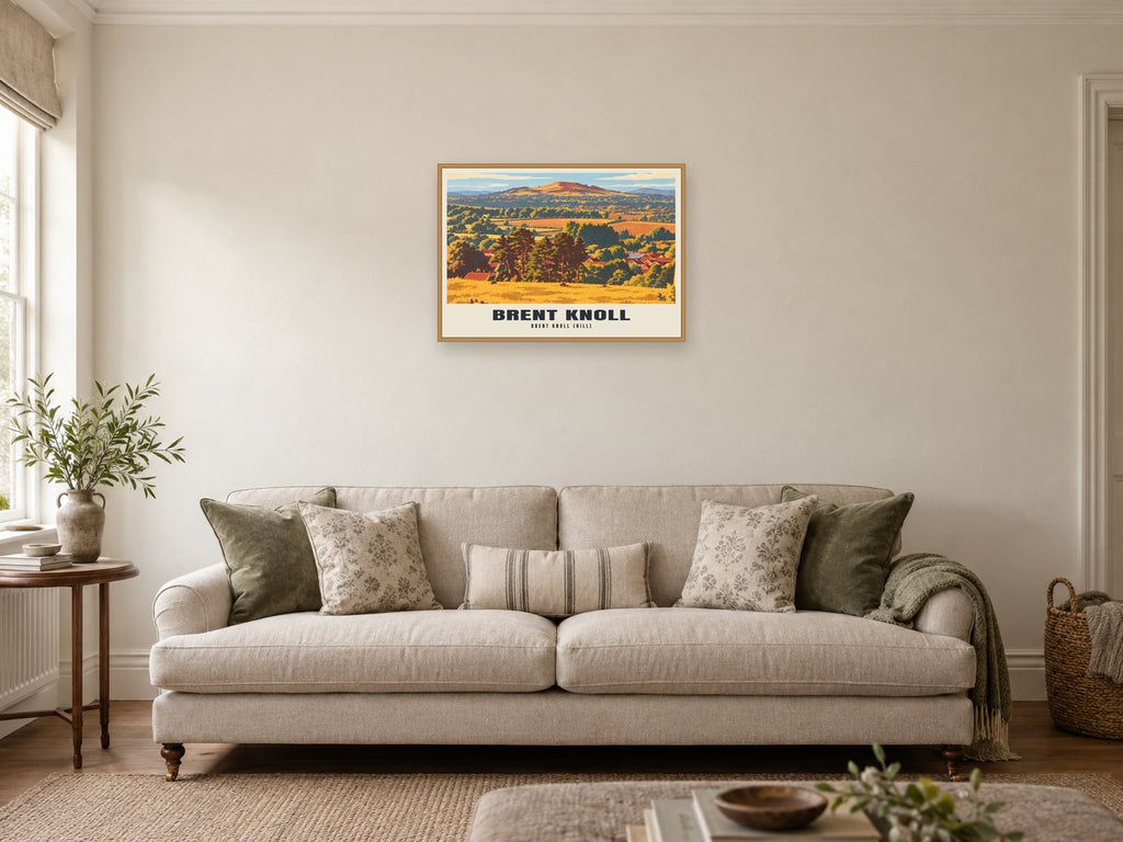 Brent Knoll (hill) Retro Railway Poster at A2, in a natural wood frame, in a sitting room