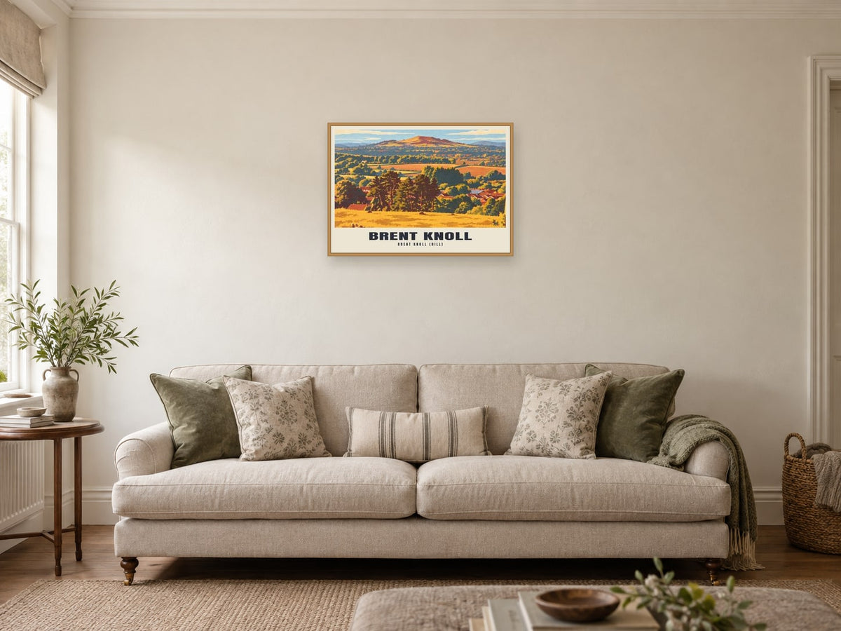 Brent Knoll (hill) Retro Railway Poster at A2, in a natural wood frame, in a sitting room