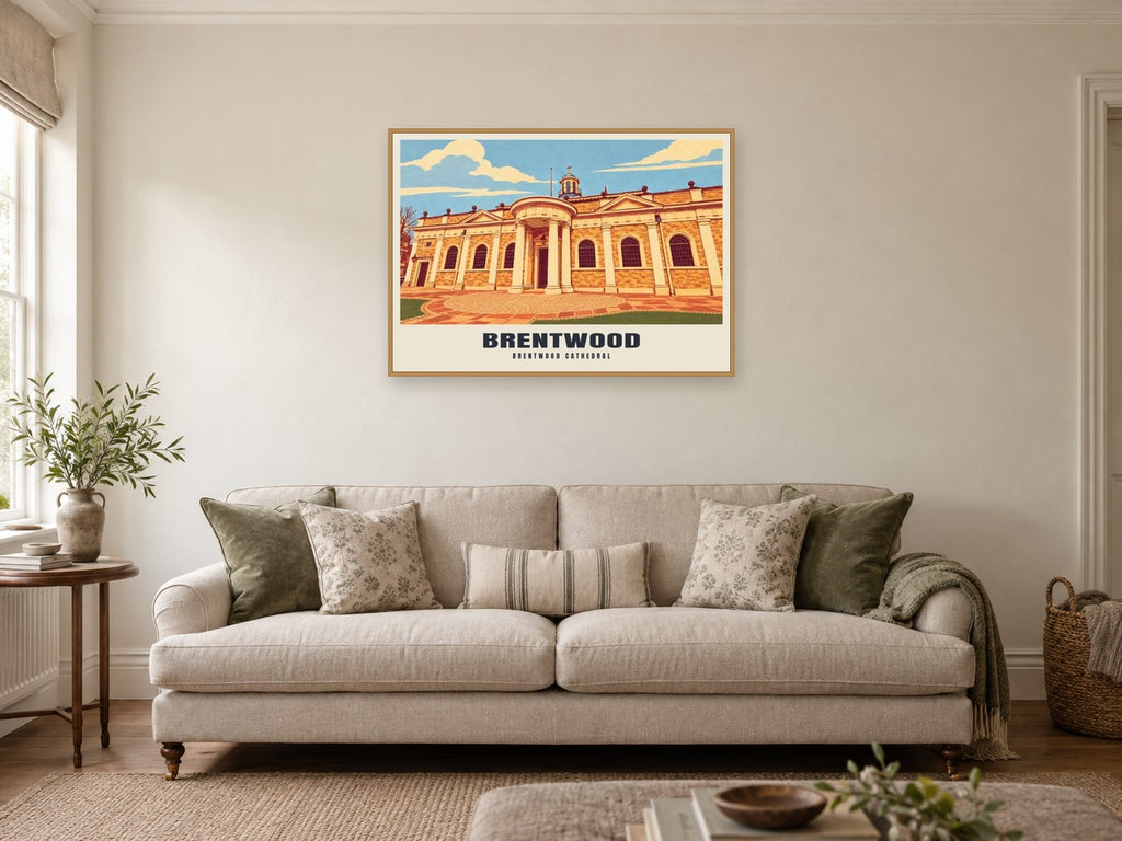 Brentwood Cathedral Poster at A1, in a natural wood frame, in a sitting room