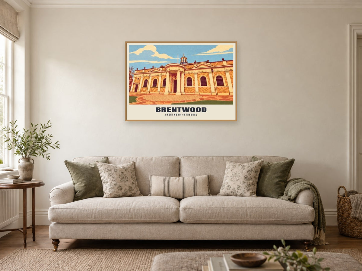 Brentwood Cathedral Poster at A1, in a natural wood frame, in a sitting room