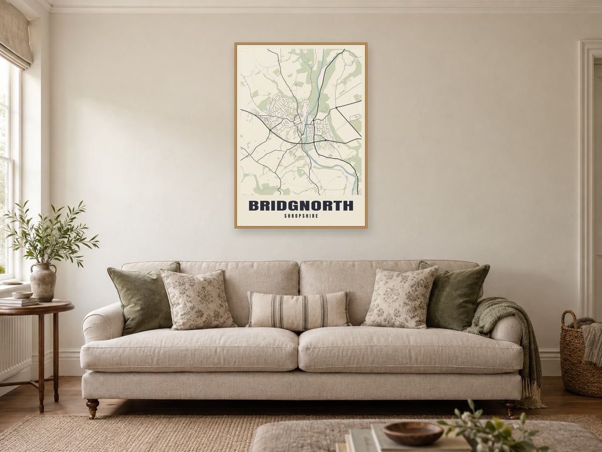 Bridgnorth Street Map Poster at A1, in a natural wood frame, in a sitting room
