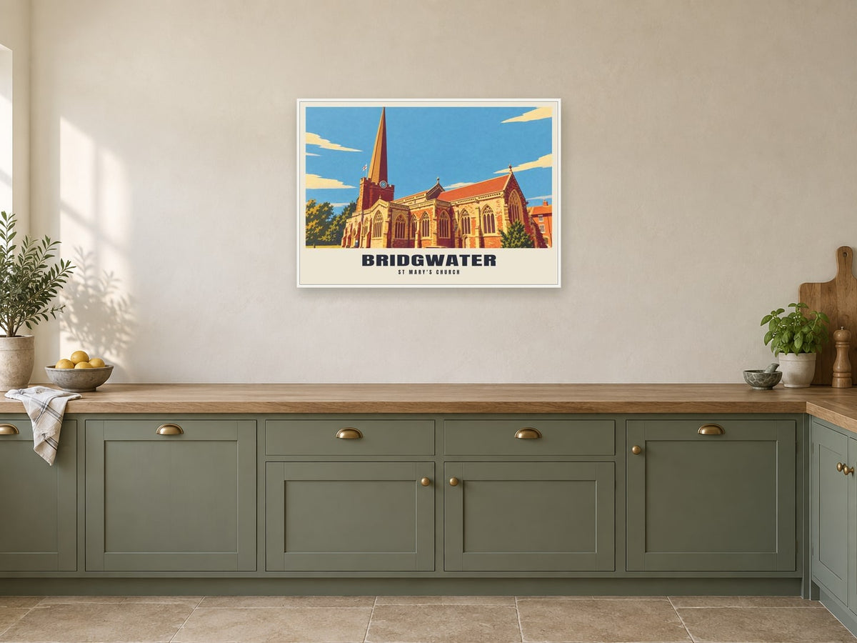 St Mary's Church, Bridgwater Poster at A1, in a white frame, in a kitchen
