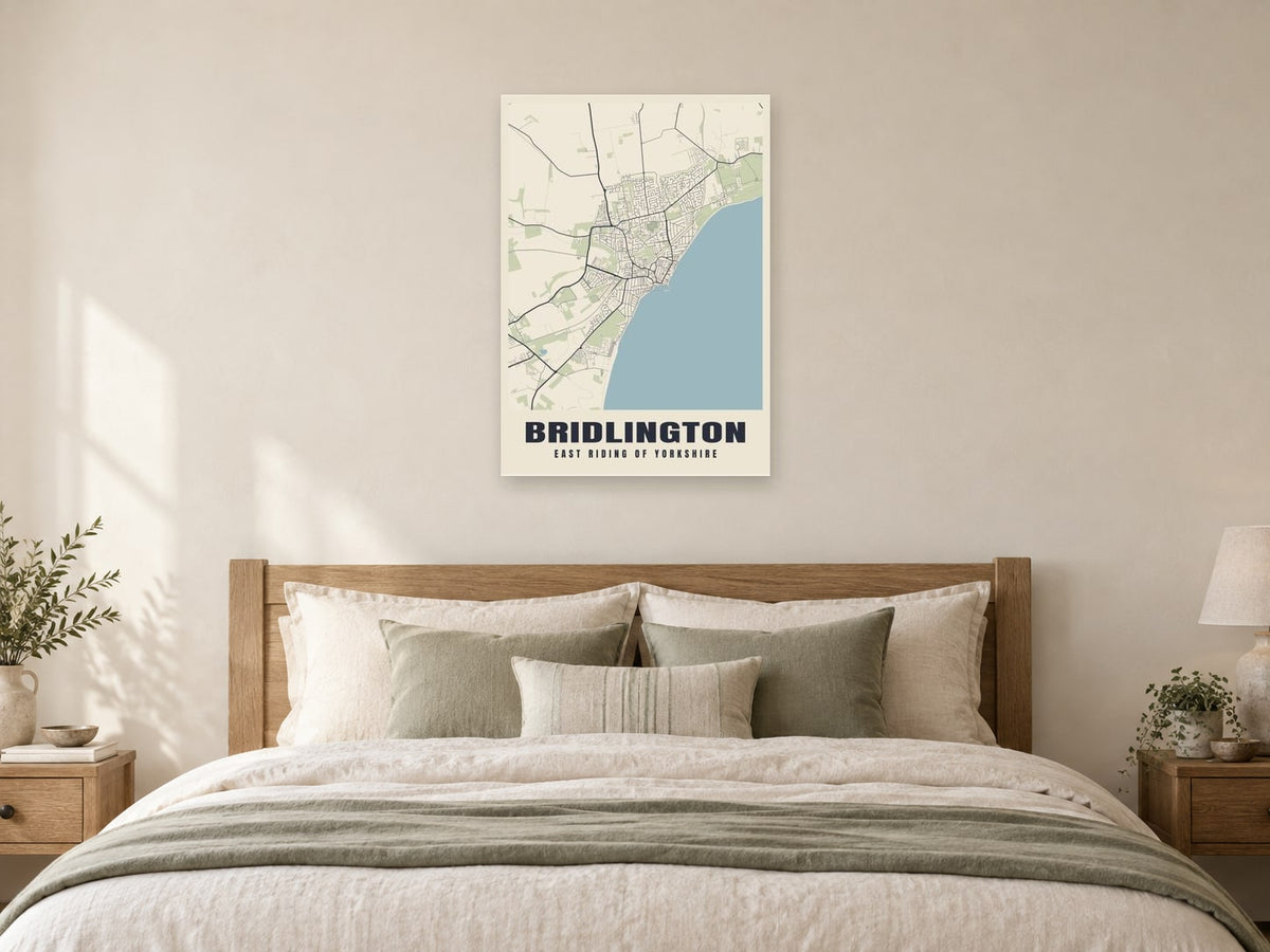 Bridlington Street Map Poster at A1, as a poster, above a bed