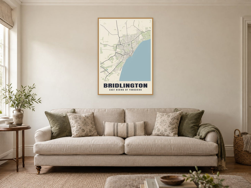 Bridlington Street Map Poster at A1, in a natural wood frame, in a sitting room