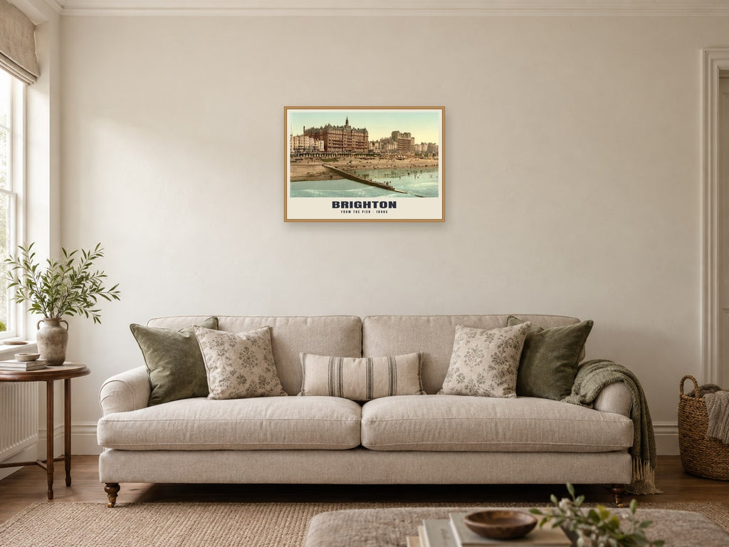 From the Pier, Brighton, 1890s Heritage Print at A2, in a natural wood frame, in a sitting room