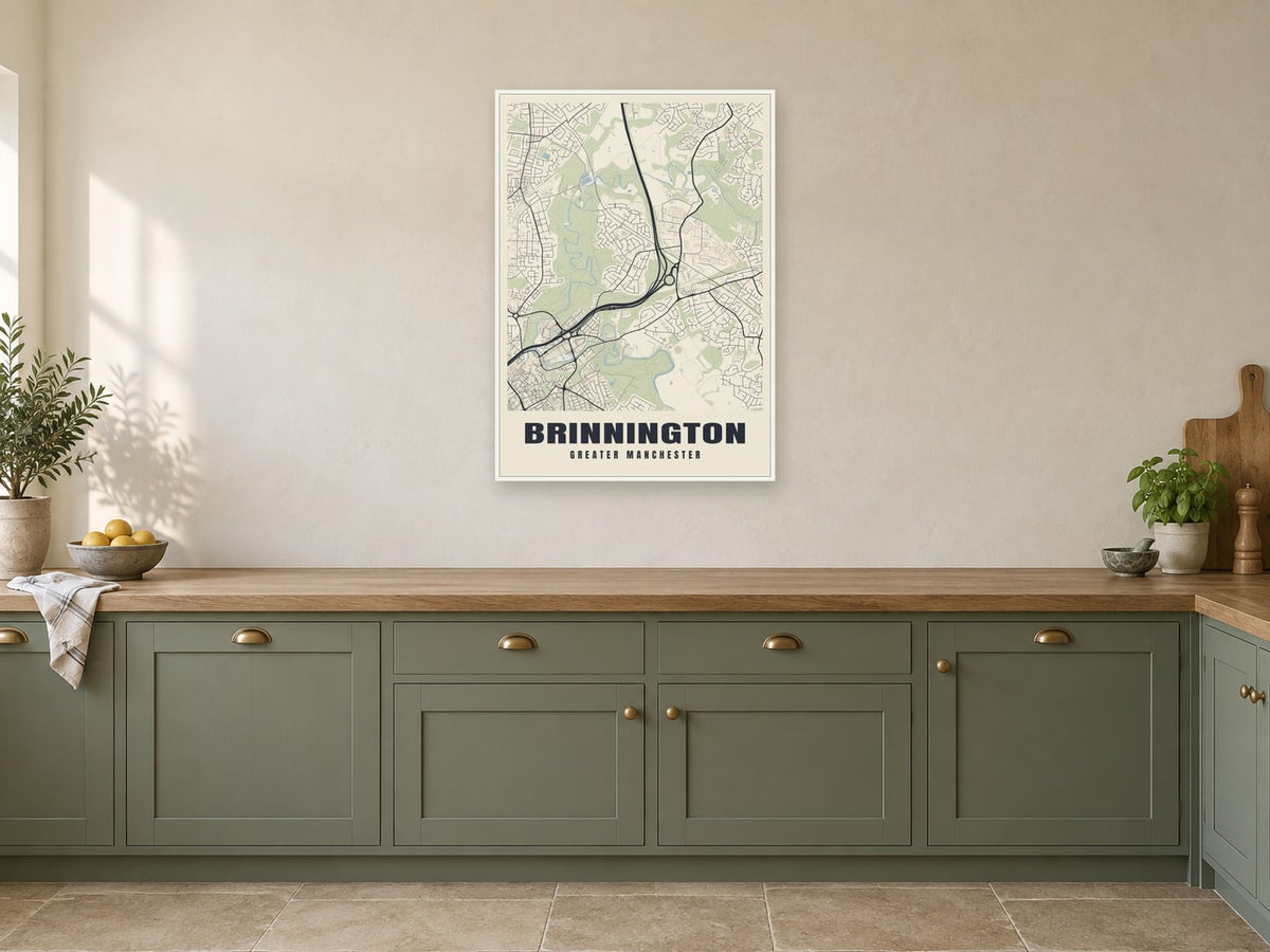 Brinnington Street Map Poster at A1, in a white frame, in a kitchen