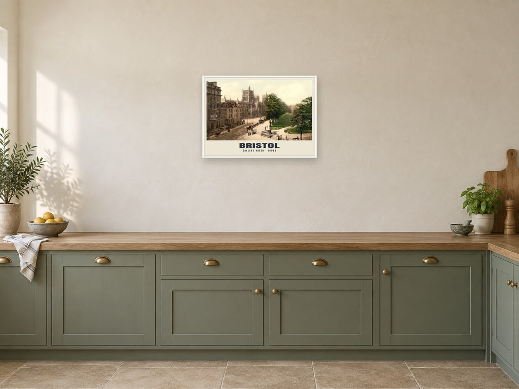 College Green, Bristol, 1890s Heritage Print at A2, in a white frame, in a kitchen