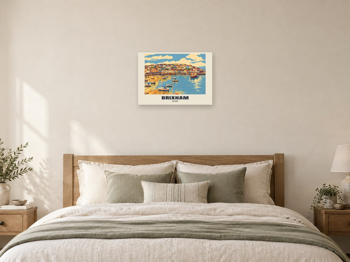Brixham named Retro Railway print at A2, as a poster, above a bed