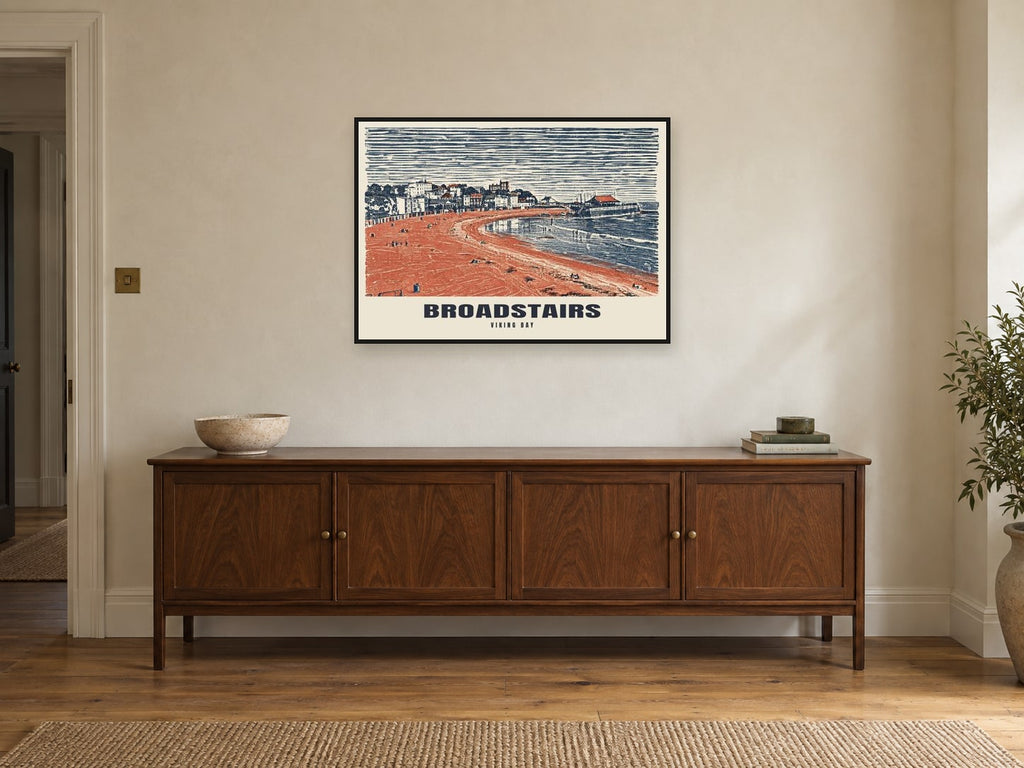 Viking Bay, Broadstairs Poster at A1, in a black frame, above a sideboard