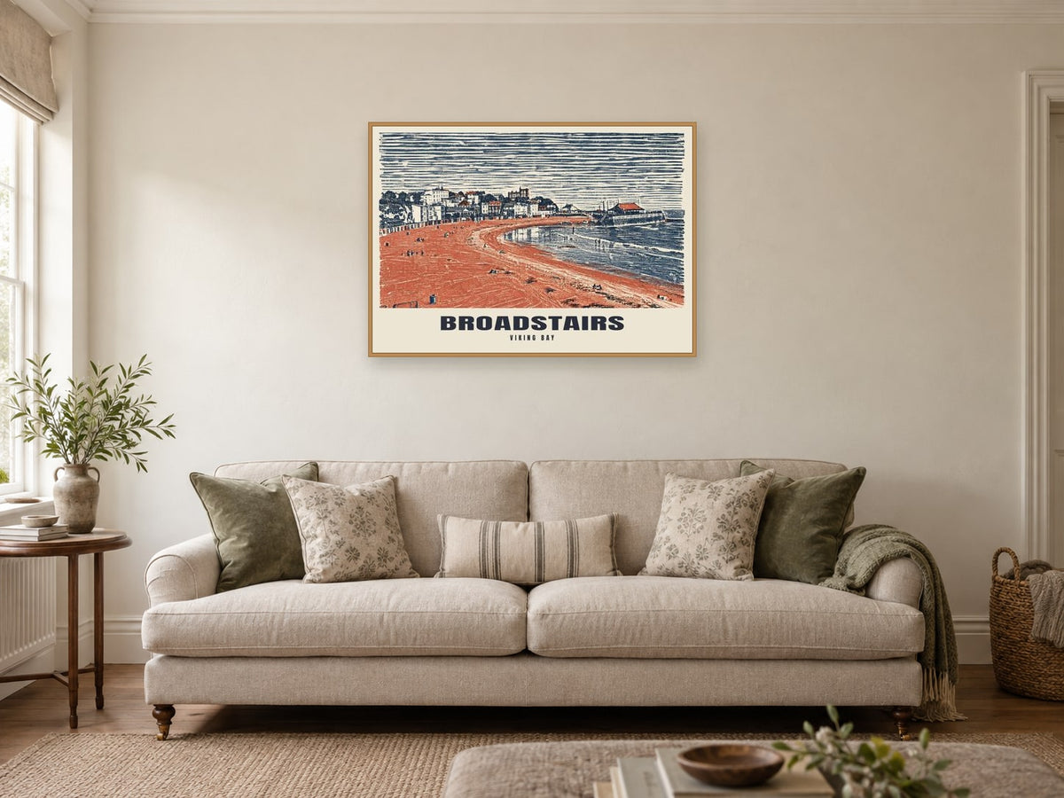 Viking Bay, Broadstairs Poster at A1, in a natural wood frame, in a sitting room