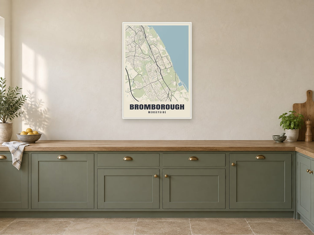Bromborough Street Map Poster at A1, in a white frame, in a kitchen