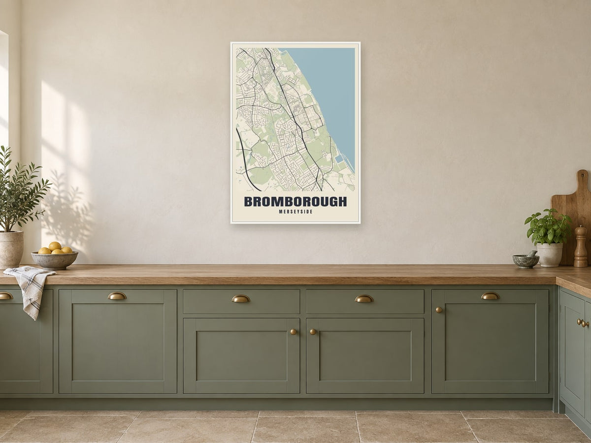Bromborough Street Map Poster at A1, in a white frame, in a kitchen