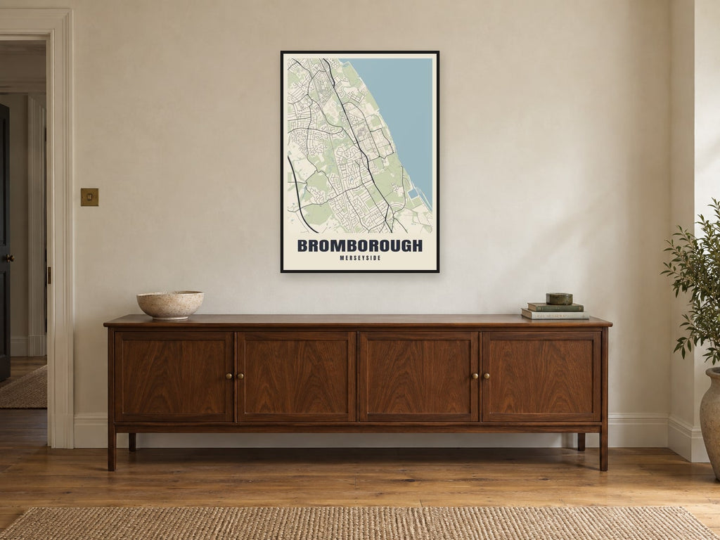 Bromborough Street Map Poster at A1, in a black frame, above a sideboard
