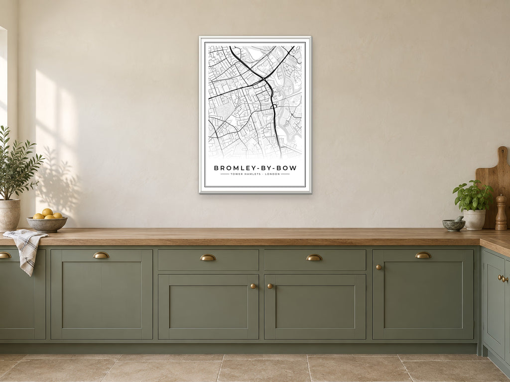 Bromley-by-Bow Street Map Poster at A1, in a white frame, in a kitchen