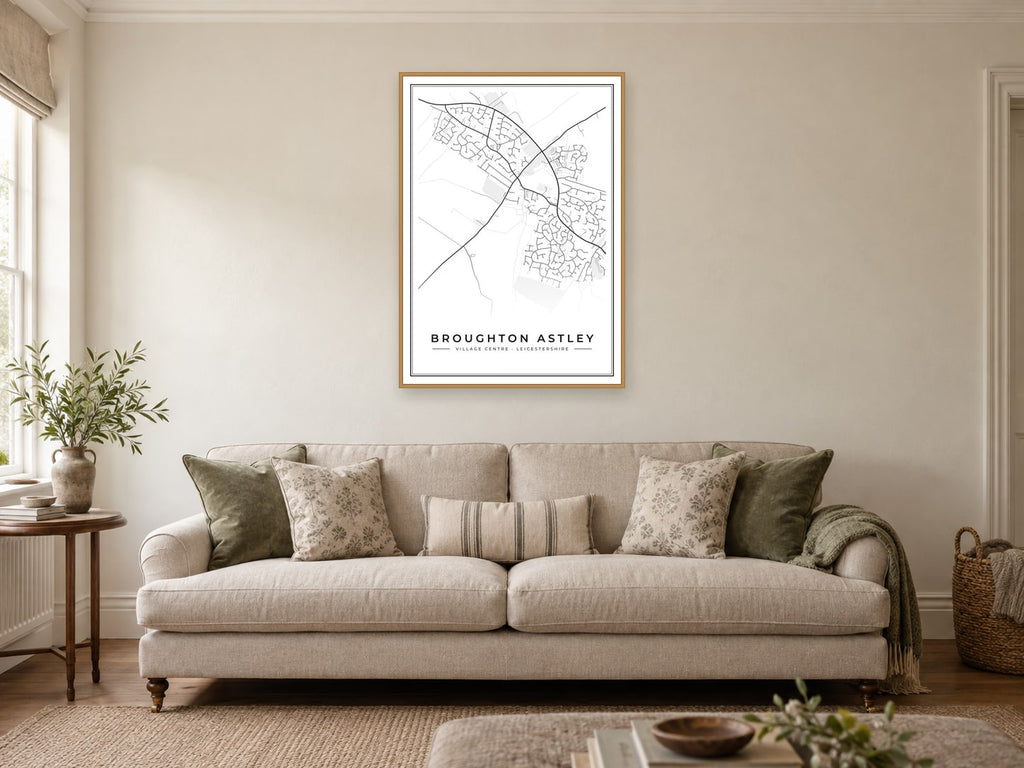 Broughton Astley Village Centre Street Map Poster at A1, in a natural wood frame, in a sitting room