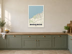 Buckie Street Map Poster at A1, in a white frame, in a kitchen