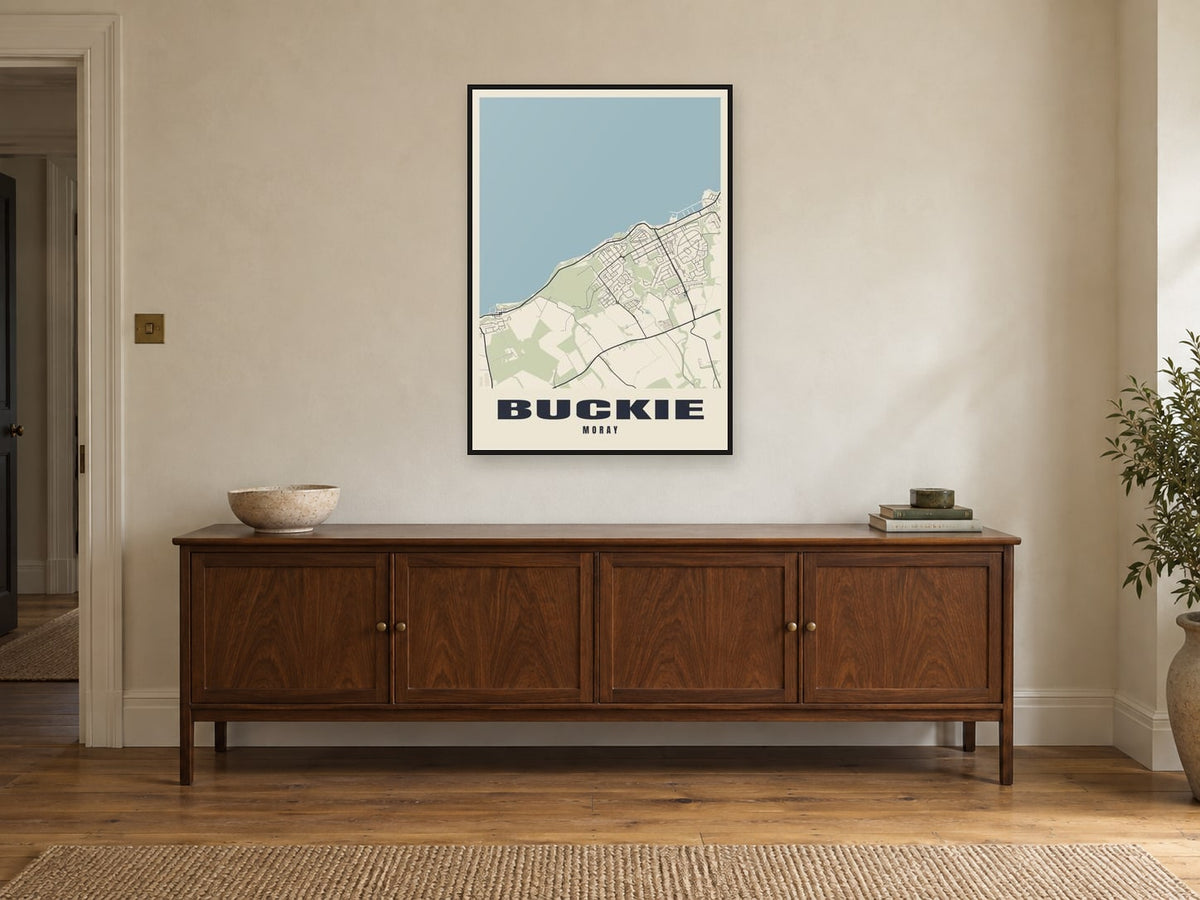 Buckie Street Map Poster at A1, in a black frame, above a sideboard