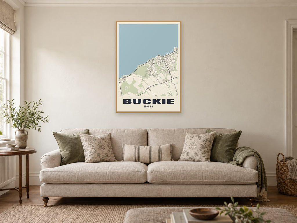 Buckie Street Map Poster at A1, in a natural wood frame, in a sitting room