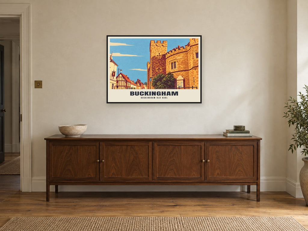 Buckingham Old Gaol Poster at A1, in a black frame, above a sideboard