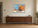 Buckingham Old Gaol Poster at A1, in a black frame, above a sideboard