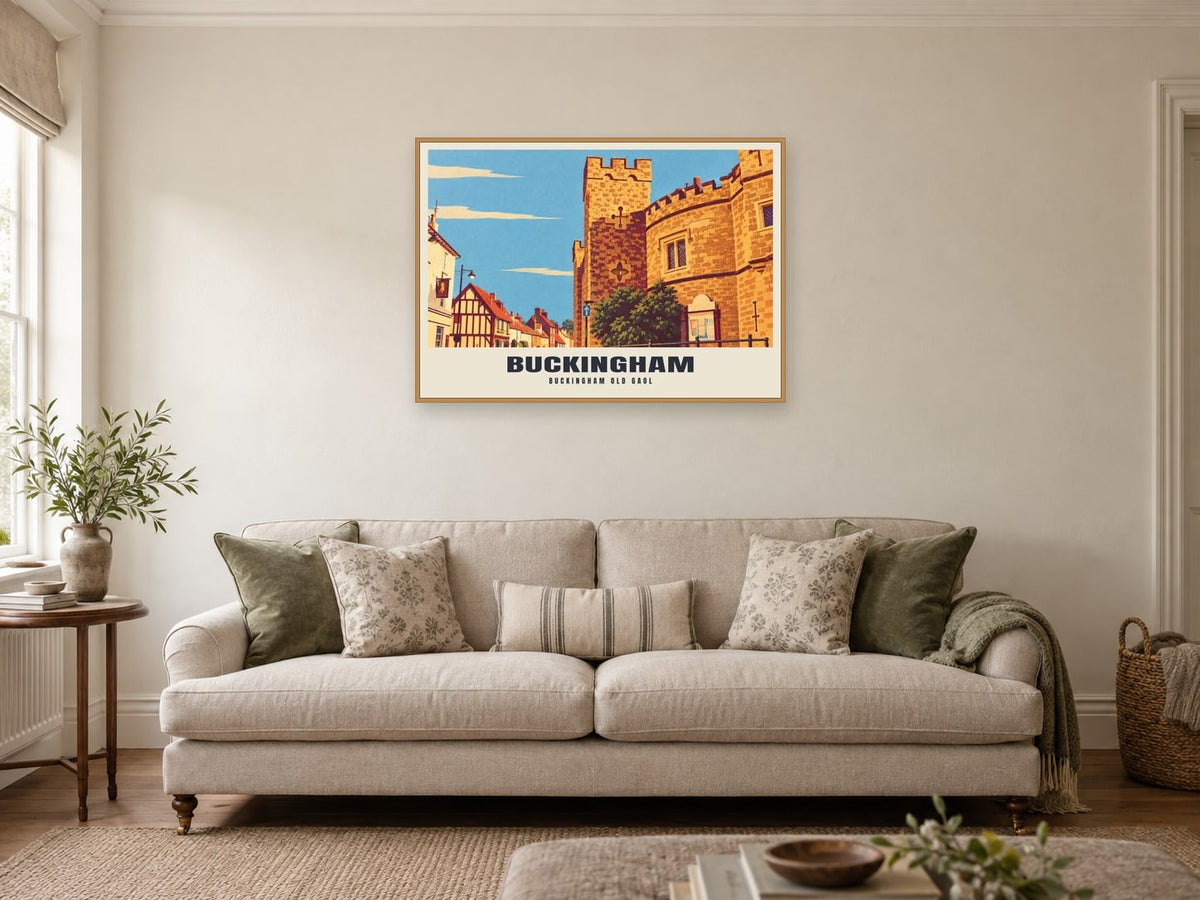 Buckingham Old Gaol Poster at A1, in a natural wood frame, in a sitting room