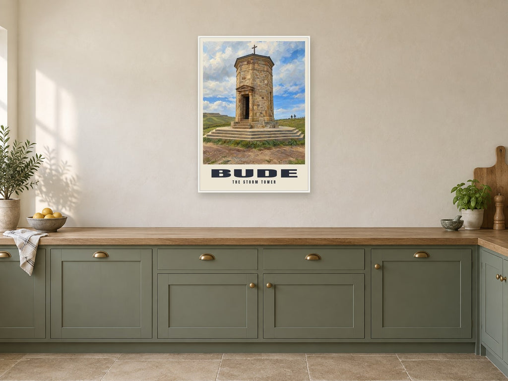The Storm Tower, Bude Poster at A1, in a white frame, in a kitchen