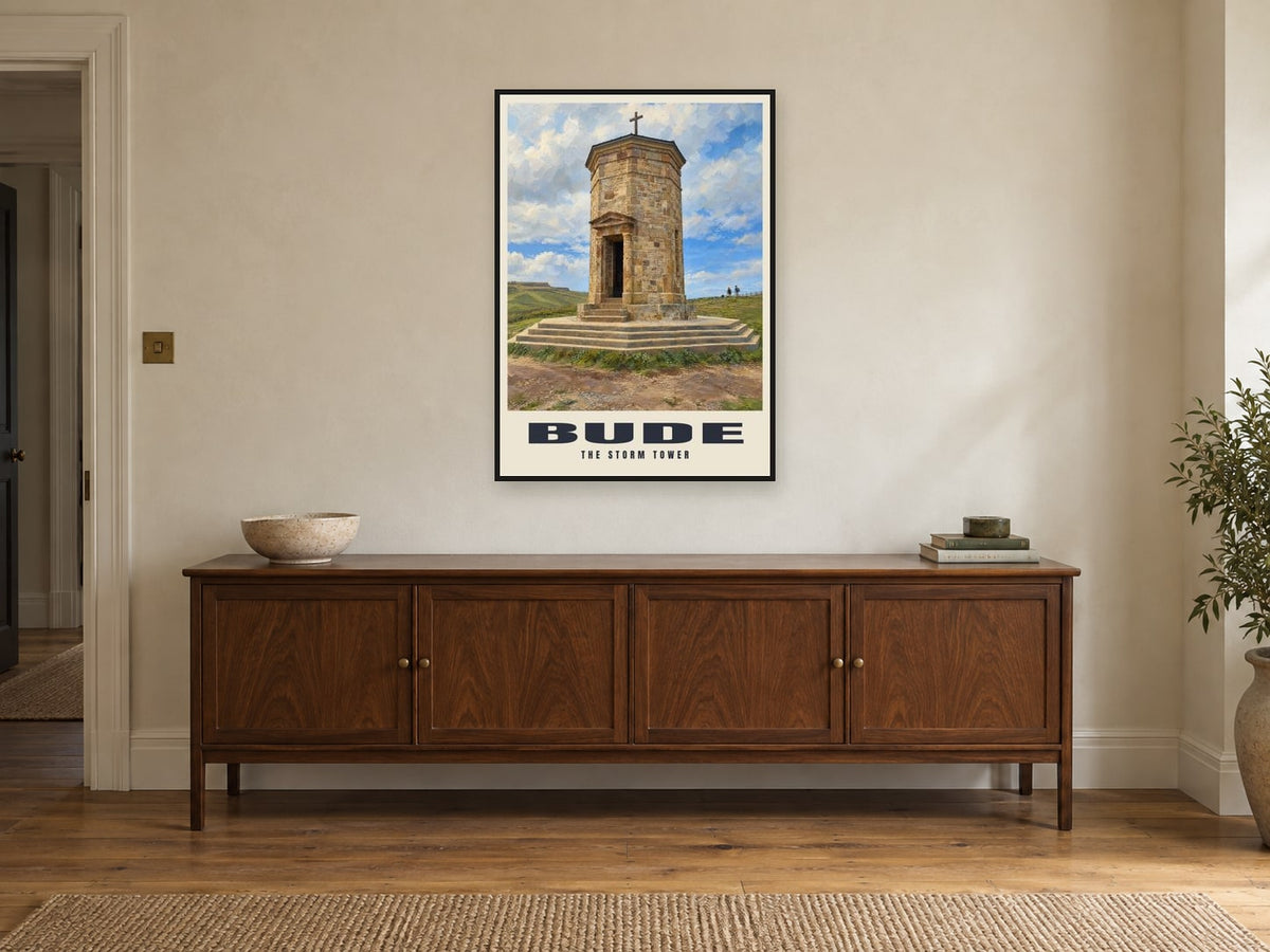 The Storm Tower, Bude Poster at A1, in a black frame, above a sideboard