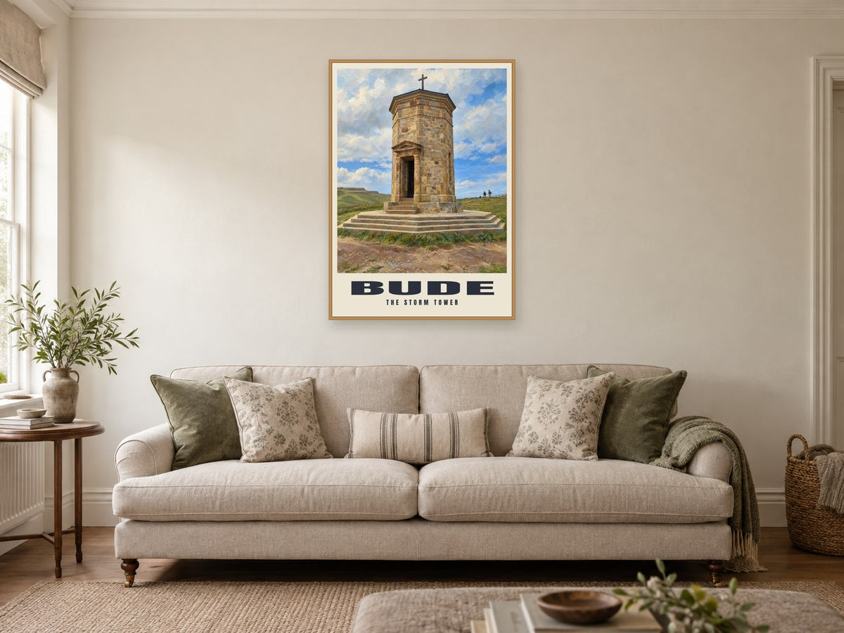 The Storm Tower, Bude Poster at A1, in a natural wood frame, in a sitting room